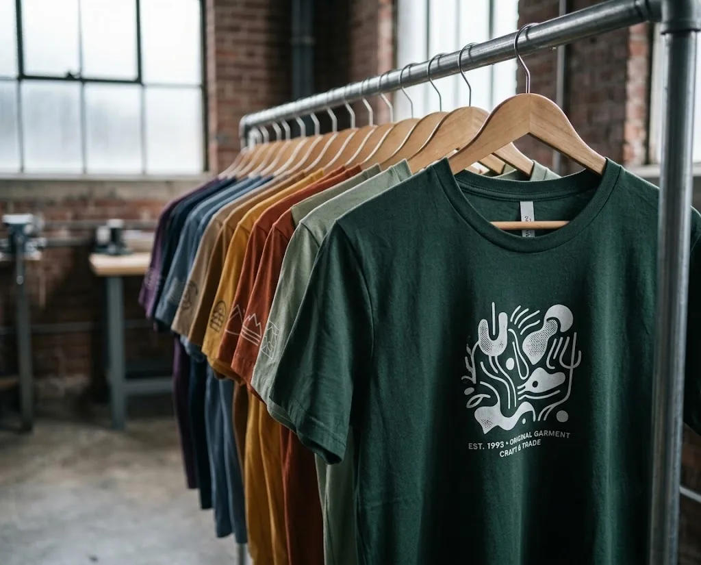 Printed garments on the rack, labelled and checked