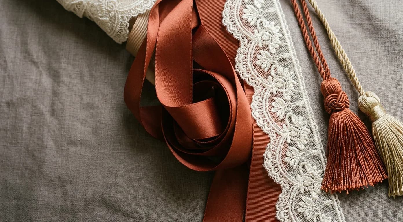 Satin ribbon, lace and tassels on natural linen