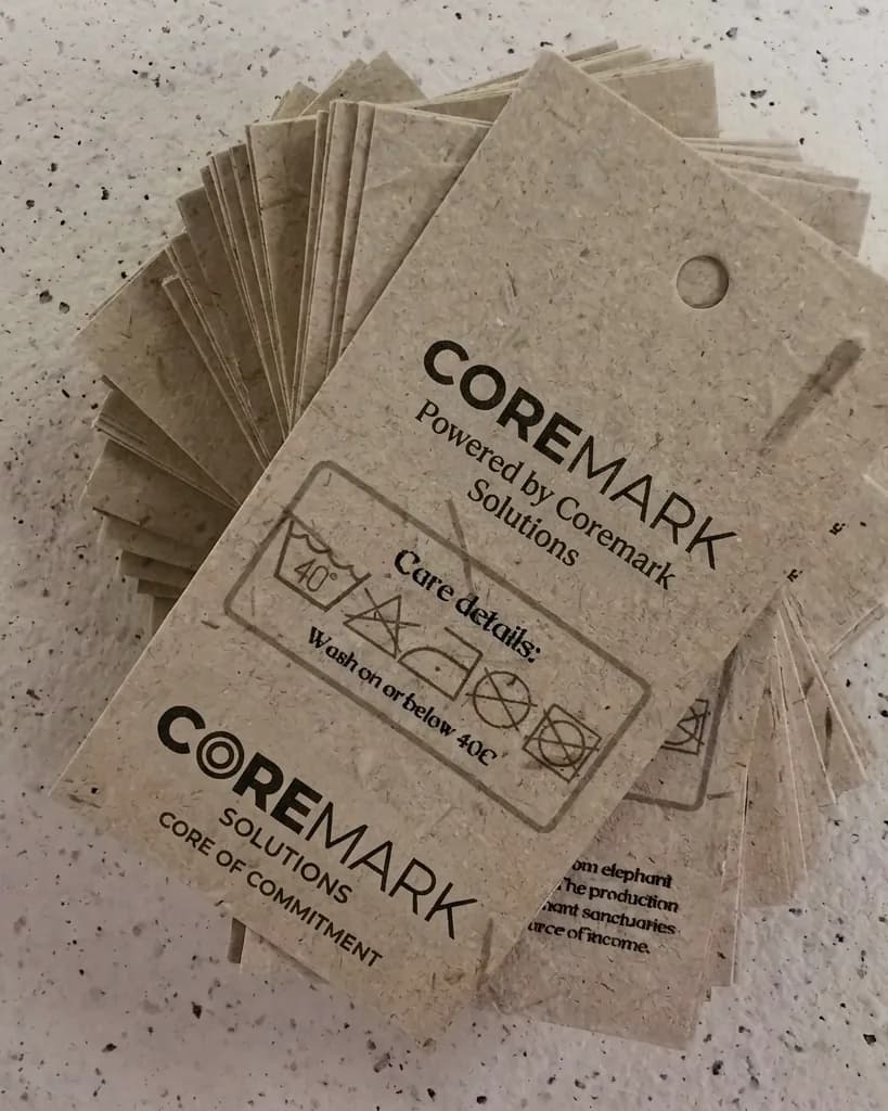 Printed hang tags on a rack