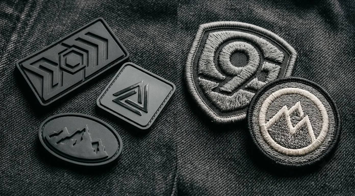 Moulded rubber and embroidered patches on denim