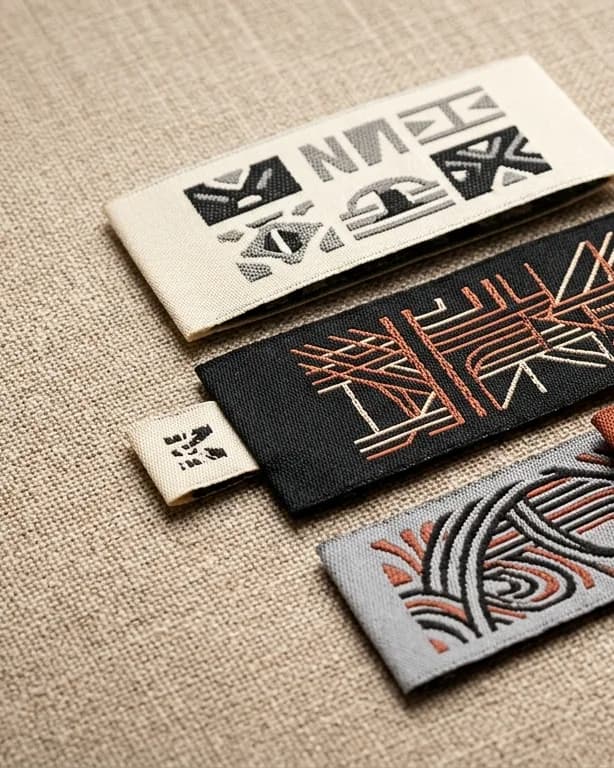 Woven labels laid out on natural linen