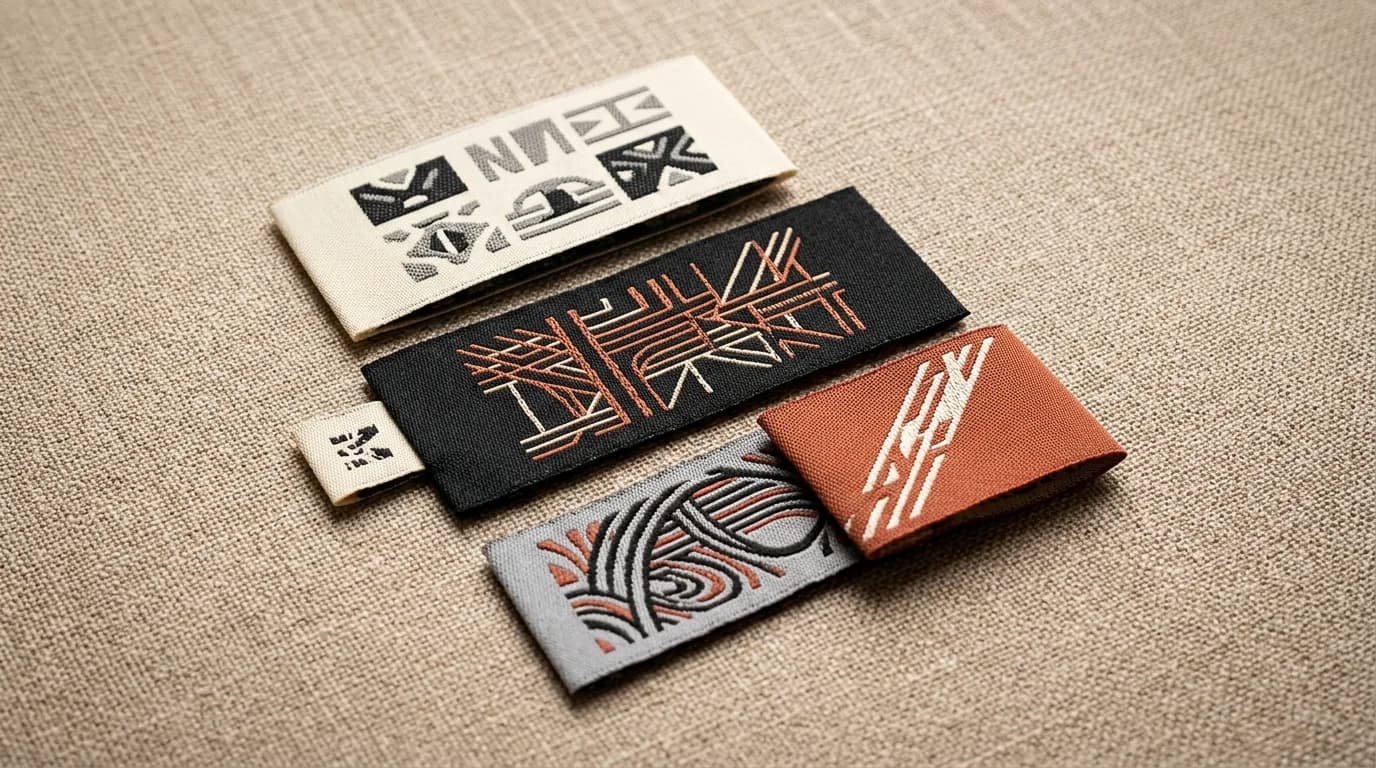 Woven damask labels laid out on linen